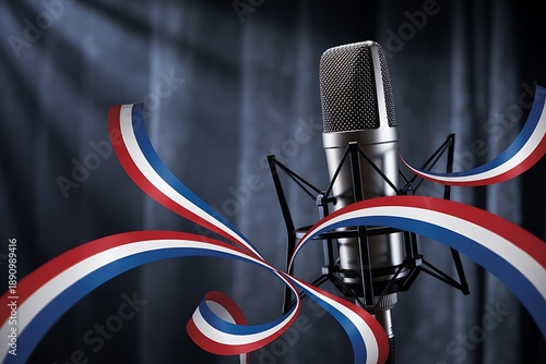 Professional microphone with red, white, and blue ribbon design for recording studio