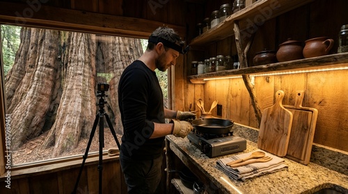 Wallpaper Mural Man cooking in a rustic kitchen with a large tree visible through the window. Torontodigital.ca