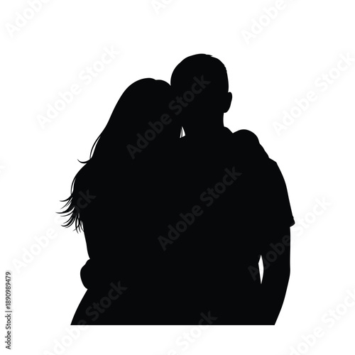 Silhouette of a romantic couple embracing and hugging together on white background