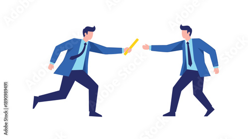 Two businessmen in blue suits passing a yellow baton teamwork and partnership concept