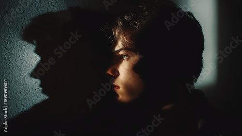 human facing distorted shadow version of self, symbolic confrontation of inner darkness, dramatic low lighting, cinematic fine art, 
