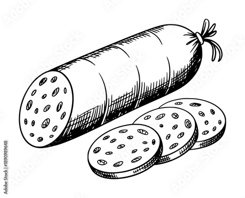 Hand drawn black and white of a whole sausage and sliced sausage a white background food meat