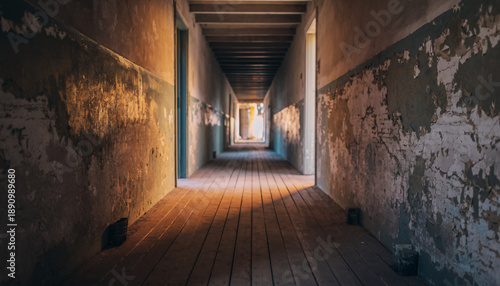 Wallpaper Mural Long, empty corridor with peeling walls and wooden floor, illuminated by distant light. Torontodigital.ca