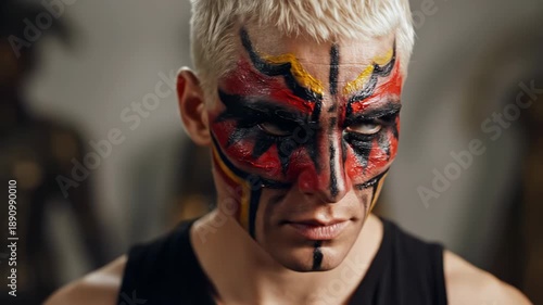 Closeup portrait of a man with colorful face paint and a black tank top on