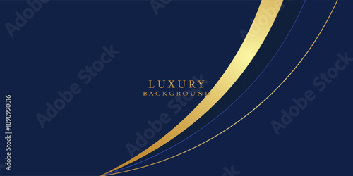 Dark navy blue and gold curve shapes on background with glowing golden striped lines and glitter. Luxury and elegant. Abstract template design. Design for presentation, banner. design