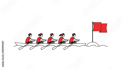 Team of rowers in red shirts racing to the finish line with flags waving