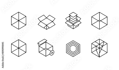 Modern abstract box line icon set with geometric cube symbols