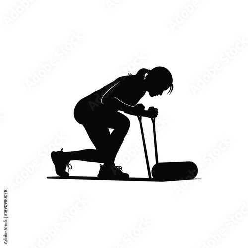 Side view silhouette of a fit woman pushing a heavy sled for strength training isolated on white background