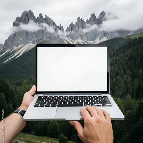 Wallpaper Mural Hands holding a laptop with a blank screen against a backdrop of majestic mountains and lush forests. Torontodigital.ca