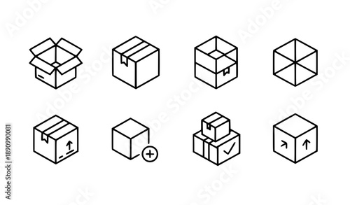 Abstract box and cube line icon set with editable stroke vector