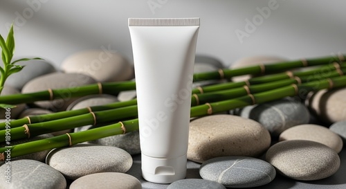 Wallpaper Mural White cosmetic tube on smooth stones with bamboo, natural beauty product. Torontodigital.ca