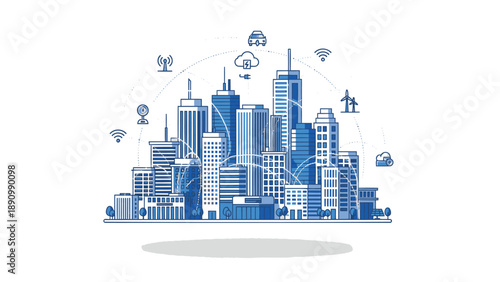 Blue cityscape with modern skyscrapers and wireless technology symbols floating above