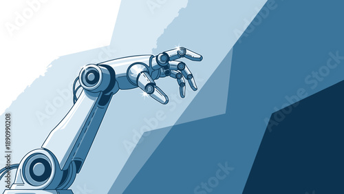 Robotic arm extended against geometric blue background reaching out with mechanical hand