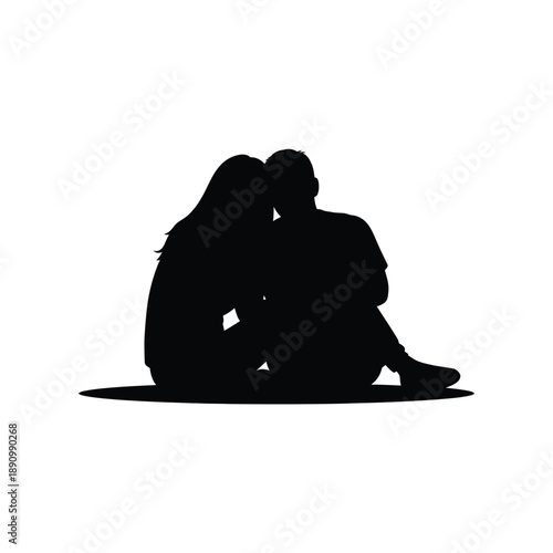 Silhouette of a romantic young couple sitting together isolated on white background