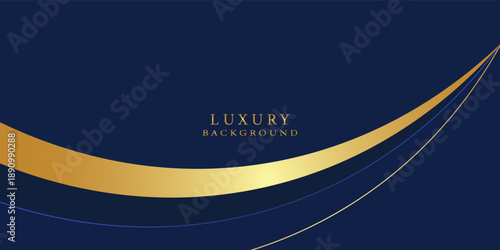Dark navy blue and gold curve shapes on background with glowing golden striped lines and glitter. Luxury and elegant. Abstract template design. Design for presentation, banner. vector