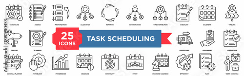 25 line icons about task scheduling including task scheduling, scheduling, agenda, prioritization, allocation perfect for reports, presentations, and corporate project