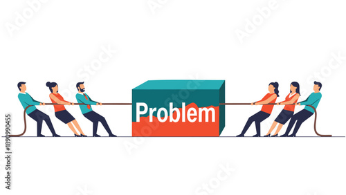 People pulling on ropes tied to a large block labeled problem in a tug of war