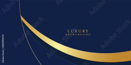 Dark navy blue and gold curve shapes on background with glowing golden striped lines and glitter. Luxury and elegant. Abstract template design. Design for presentation, banner. eps10