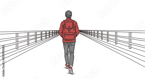 A solitary figure in a red jacket and backpack walks confidently down a long, linear bridge, heading towards an unknown future.