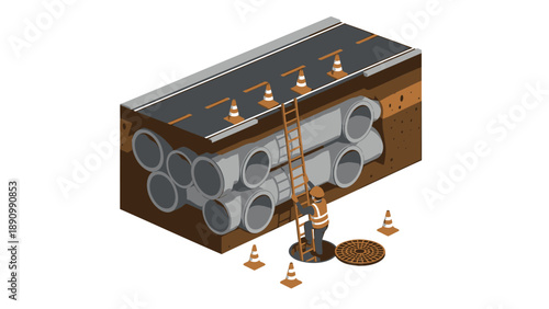 Worker in orange climbs ladder beside large underground pipes with traffic cones around