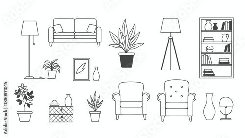 Various home decor items and furniture in a minimalist line drawing style on white background