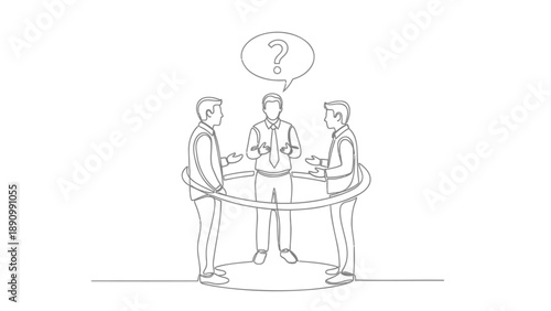 Three businessmen discuss around a table with a question mark hovering above