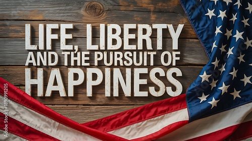Life liberty and the pursuit of happiness text with flag
