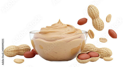 Creamy Peanut Butter in Bowl with Peanuts Scattered Around