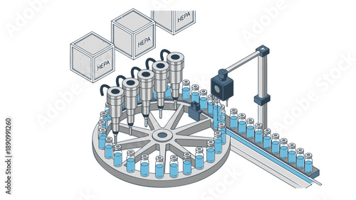 Automated bottling machine in industrial setting with conveyor belt and packaging