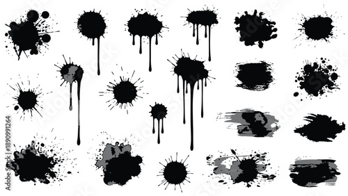 Collection of black paint splatters and ink blots on white background for creative design