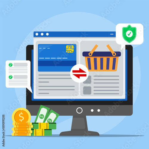 Secure online payment and e-commerce transaction on desktop screen, showing digital checkout, money transfer, shopping cart, and verified protection for safe financial operations