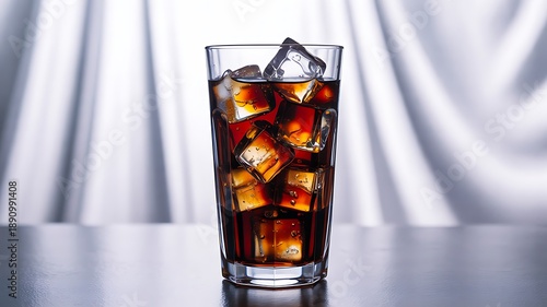 Glass of cola with ice cubes on elegant background
