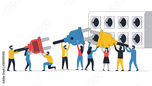 People working together to connect large electrical plugs to a socket with multiple outlets in a teamwork and collaboration concept