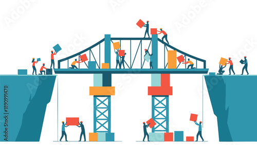 Workers building bridge with blocks connecting two cliffs with teamwork and collaboration