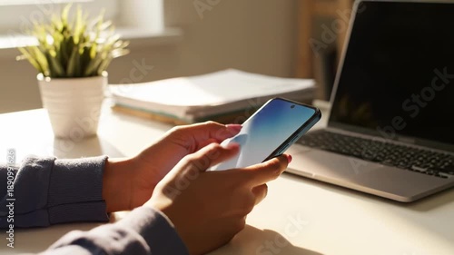 Person holding a smartphone with a laptop and plant on a desk in a bright room with natural light
