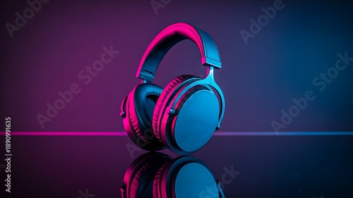 Modern wireless headphones with neon lighting on dark background
