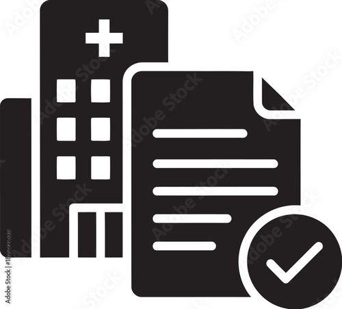 Medical healthcare building hospital icon with document and checkmark symbol for healthcare concept and medical records