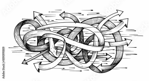 A detailed, hand-drawn illustration of numerous intertwined arrows pointing in multiple directions, symbolizing complexity and interconnectedness.