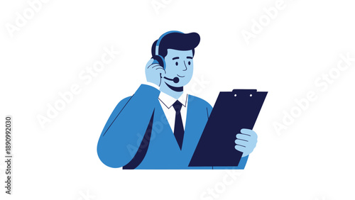 Businessman in blue suit talks on phone with clipboard in hand