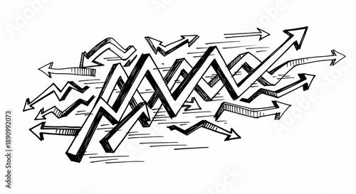 A hand-drawn sketch illustrating multiple zigzag lines and arrows pointing in various directions, symbolizing complex trends and dynamic movement.