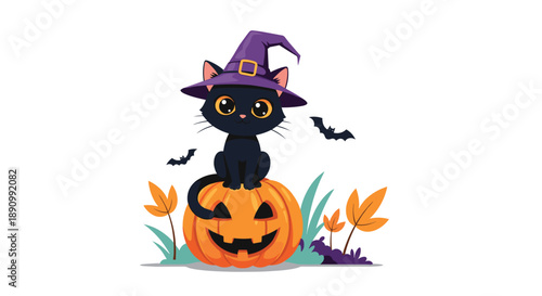 Adorable black cat sitting on a carved pumpkin in a spooky halloween landscape with bats and colorful autumn leaves.