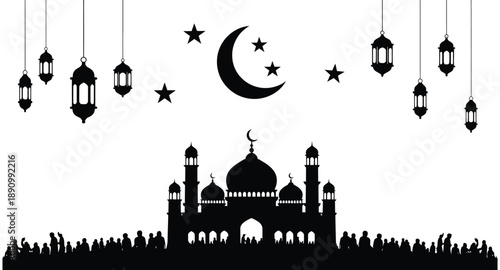 Ramadan mosque and hanging lanterns with crescent moon and stars illustration