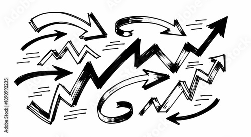 A collection of hand-drawn black arrows and zigzag lines in a sketchy style, indicating direction, movement, and trends on a white background.