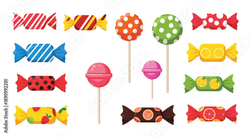 Wide variety of colorful hard candies and lollipops with different shapes and patterns in a sweet confectionery collection.