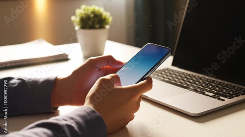 Close up of hands holding a smartphone with a laptop on a white desk in a bright room