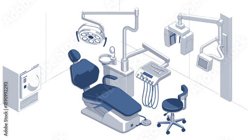 Dental clinic interior with blue chair equipment and tools for medical procedures and patient care