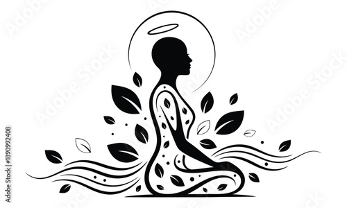 Silhouette of a woman in meditation, surrounded by leaves and a halo