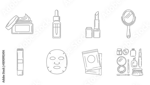 Collection of simple line art cosmetics icons including skincare and makeup products arranged in a grid on a white background
