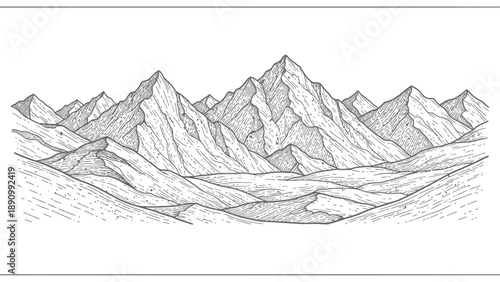 Detailed mountain range landscape with rugged peaks and rolling hills in a sketch style