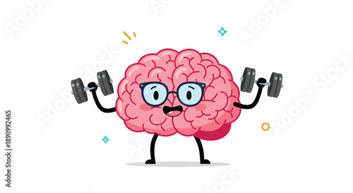 Cute pink human brain character with glasses lifting heavy dumbbells for mental strength and cognitive exercise concept.
